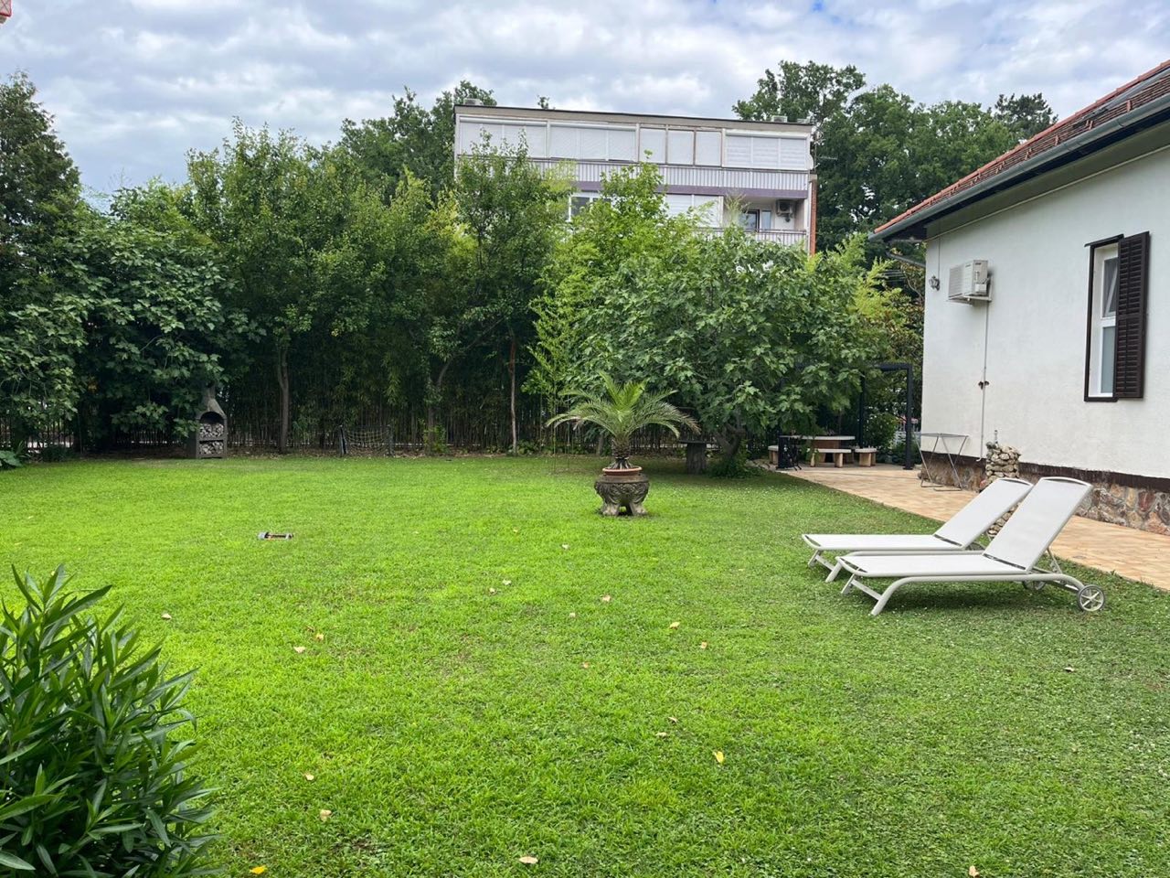 A tágas kert panorámája napozóágyakkal